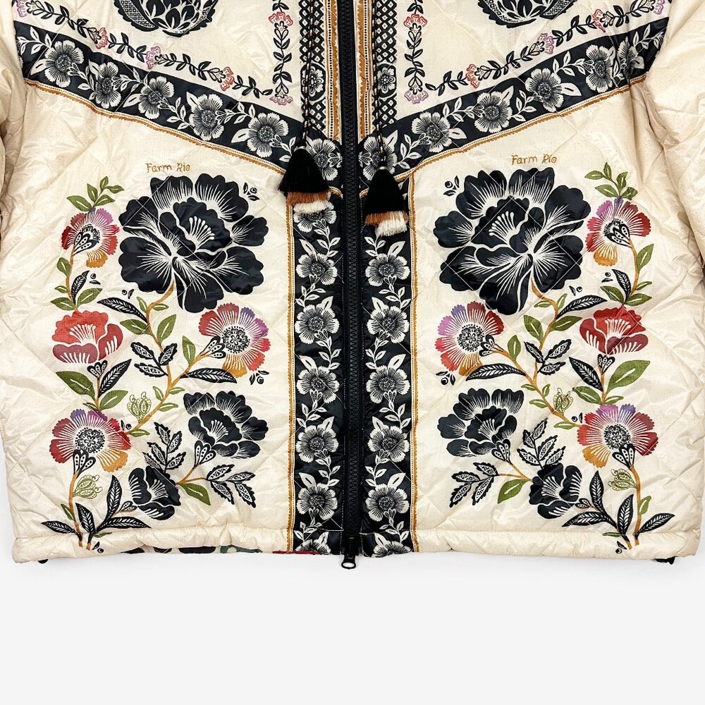 FARM Rio Cream Quilted Puffer Jacket with Black Floral Embroidery - Picture 7 of 15